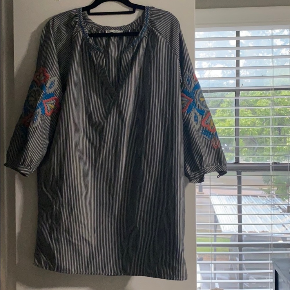 Pinstripe tunic/ mini dress with floral embroidery